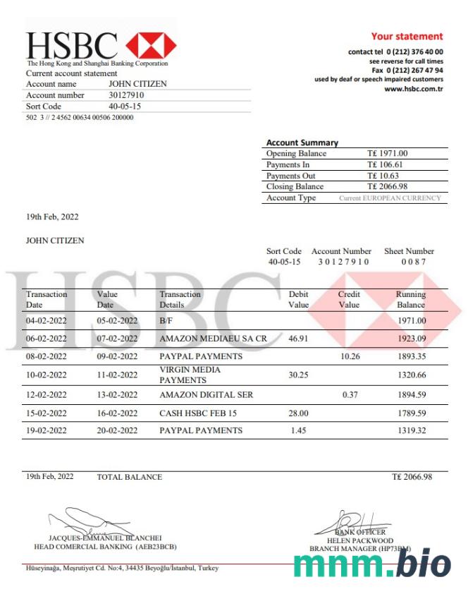 Turcja Hsbc wyciąg bankowy xls